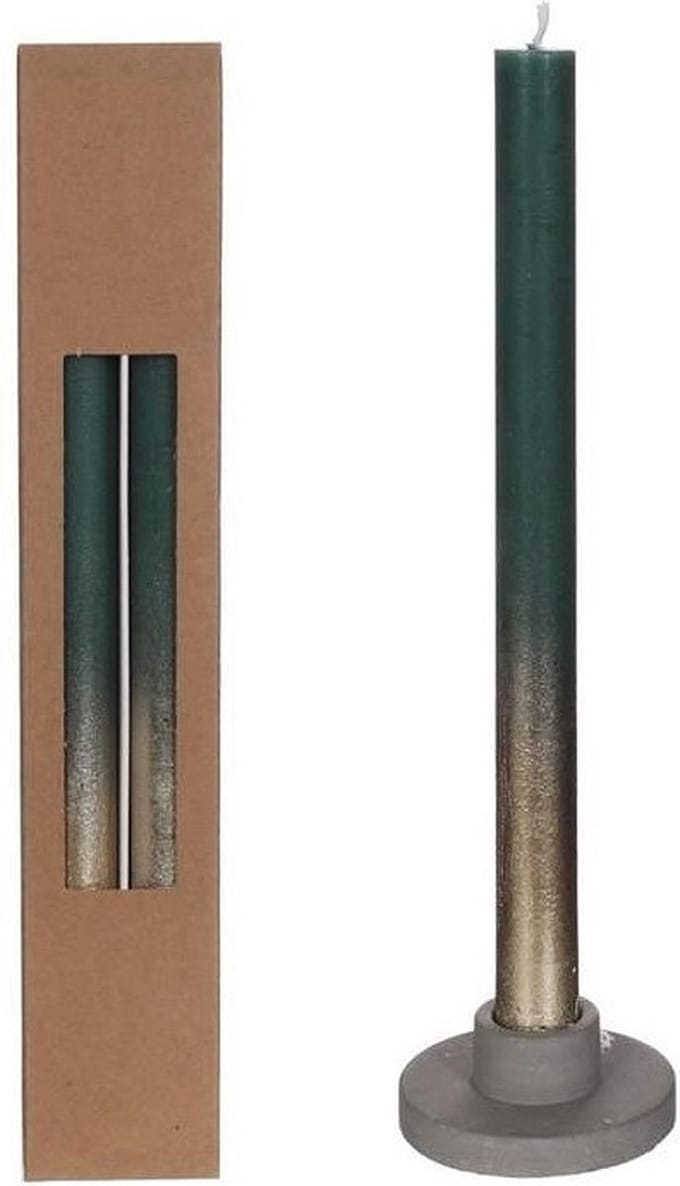 Dinner Kaarsen mos groen met Goude Spray Ø2.1/h. 25cm (1 set)