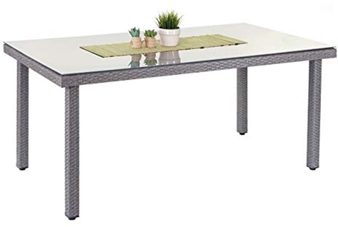 Tuinstafel van polyrotan met glazen blad | Eettafel 160x90 cm - Grijs