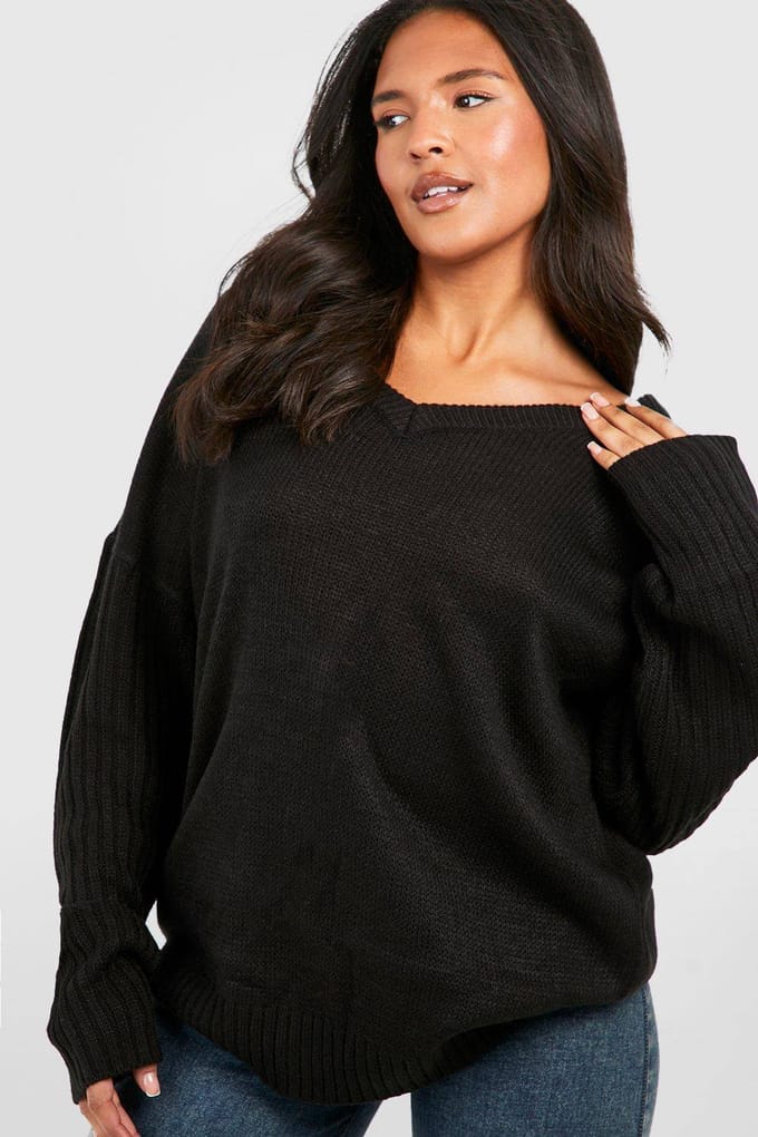 boohoo Dames Plus V-hals V-rug Oversized Trui | Zwart | Maat: 46