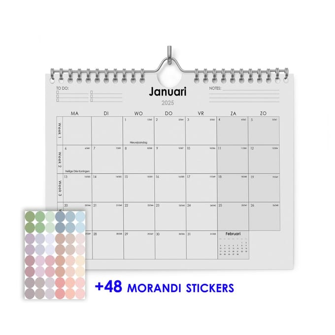 Kalender 2025 - 32x22.5cm (A4+) - Inclusief 48 morandi stickers - 300gramsgewicht ecopapier
