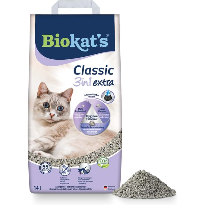 Biokat's Classic 3in1 Extra - 14 L - Kattenbakvulling - Klontvormend - Parfumvrij - Actieve kool