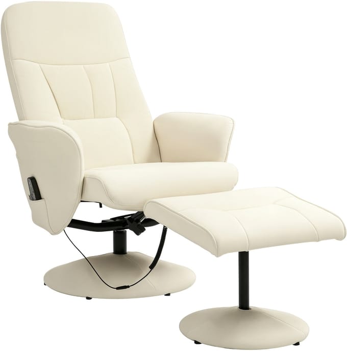 HOMCOM Massage Relaxfauteuil met Ottoman Set Kunstleer, Staal 76B x 81D x 105H cm Roomwit