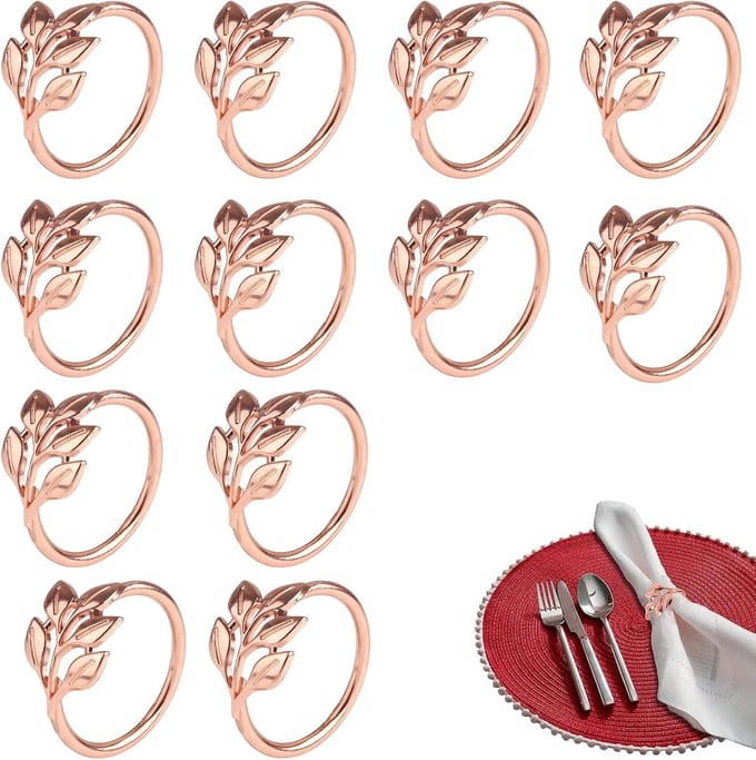 Solidchoice - Set van 12 Roze Gouden Servetringen met Bladontwerp