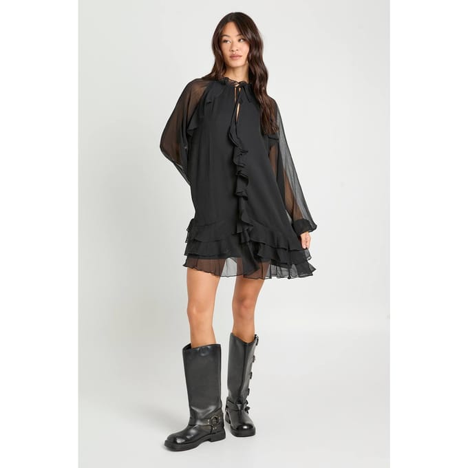 boohoo Dames Lange Chiffon Ruffle Smock Jurk | Black | Maat: 10