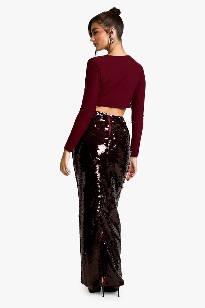 boohoo Dames Premium Paillette Maxi Rok | Berry | Maat: 10