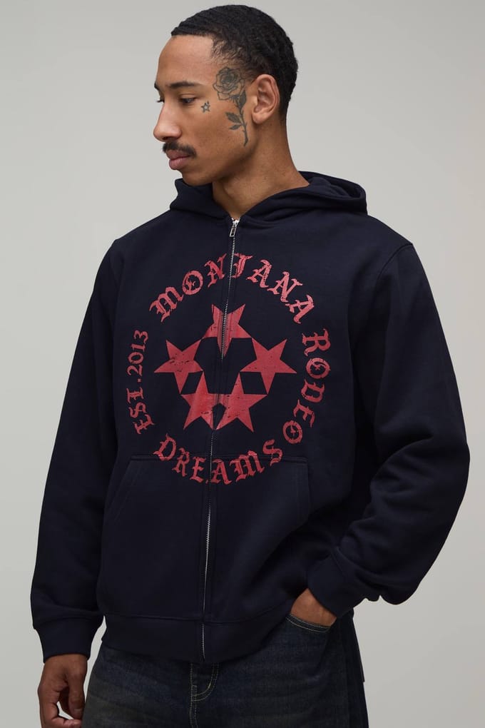 Donkerblauwe Oversized Boxy Hoodie Met Rits En Rodeo Ster Print | Navy | Size Medium