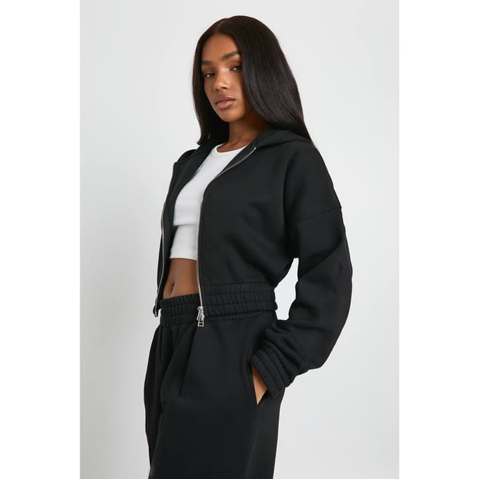 boohoo Dames Afgekorte dubbele ritssluiting hoodie met getailleerde taille | Zwart | Maat: Medium