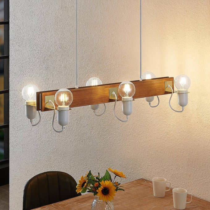 Lucande - Hanglamp - 6lichts - dennenhout, ijzer - E27 - antiek hout, wit, gepolijst messing