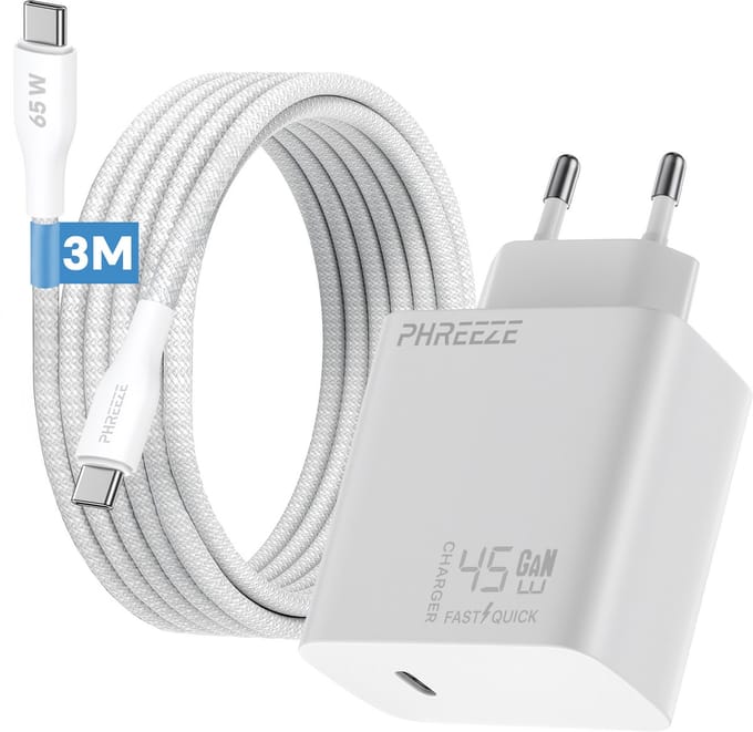 Phreeze usb C adapter 45w met usb C naar usb C kabel 3 meter - Snellader voor A56 S20 S24 S25 S23 S22 S21 S20 Plus Ultra en laptop
