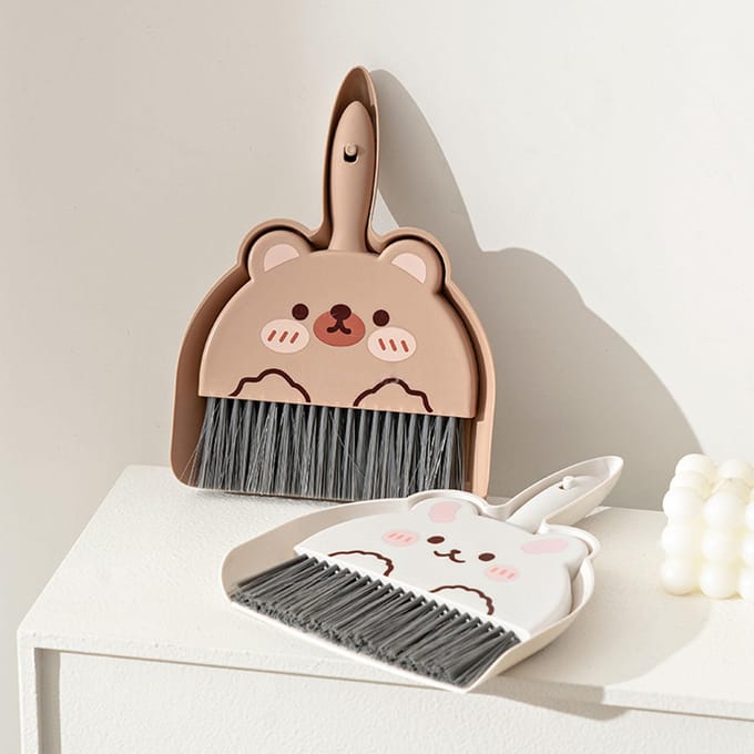 Cartoon Bezems en Stoffer en Blik Set, Miniatuur Tafelveger voor Desktop Reiniging groen