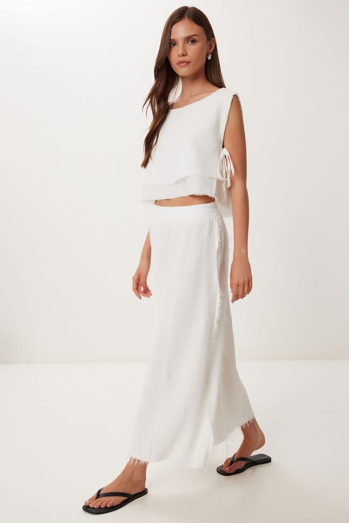 Katoenen Mouwloze Blouse en Wijde Rok Set