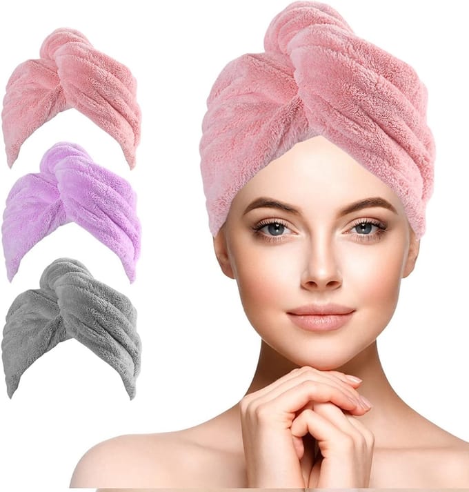 Famanu - Set van 3 microvezel haarhanddoeken, sneldrogend en super absorberend met knoopsluiting – Roze/Paars/grijs
