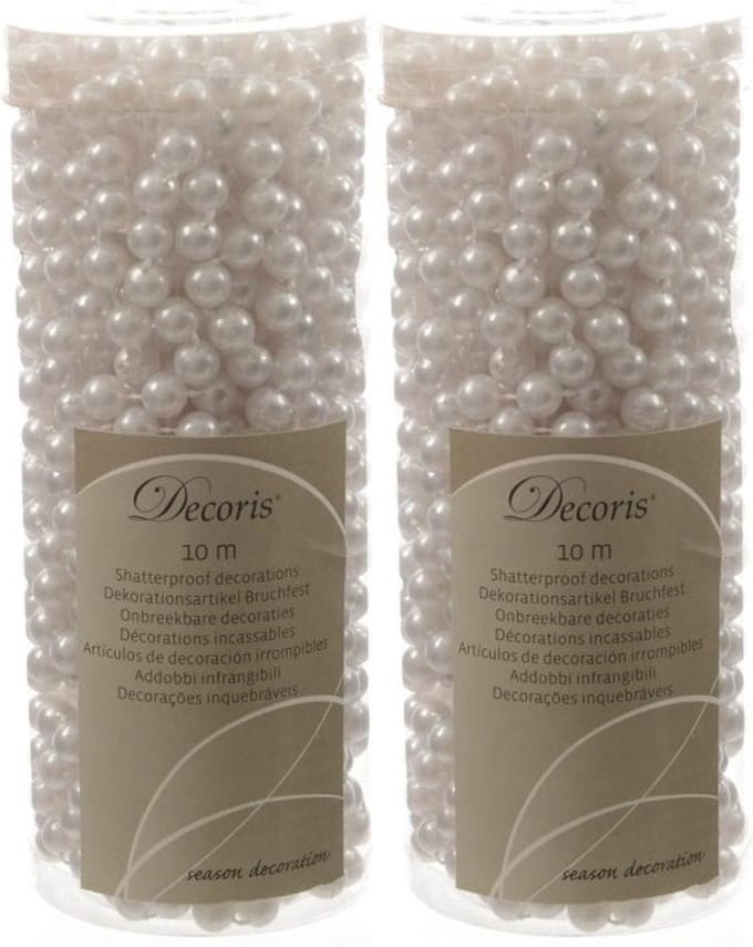 Decoris Kralenslinger - 2x - wit - 10 meter - kunststof - glans - kerstslinger - kerstboom versiering
