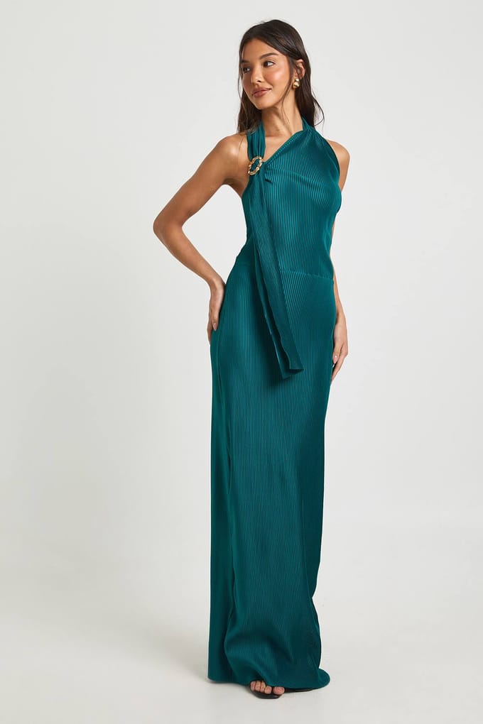 boohoo Dames Plisse Halter Detail Kolom Maxi Jurk | Teal | Maat: 6