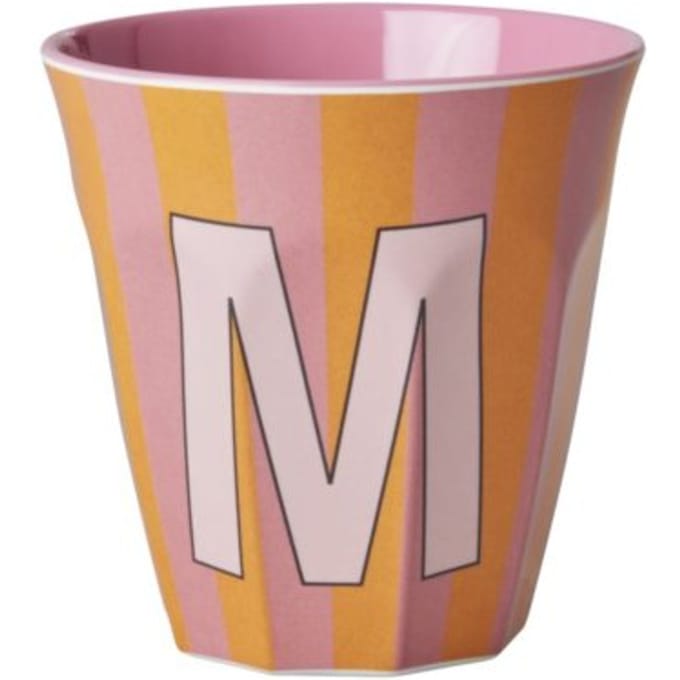 Rice melamine beker medium gestreept letter m, oranje
