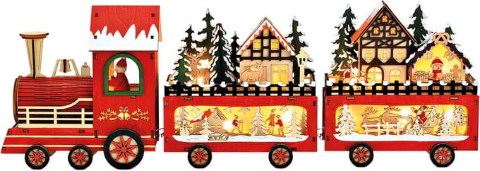 Kersttrein van hout met winterscenes met LED 56 cm breed
