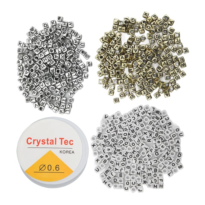 600 Pièces Perles Lettres Avec Fil de Pêche Coordination Œil-Main Stimuler l'Imagination Blanc Or Argent gray