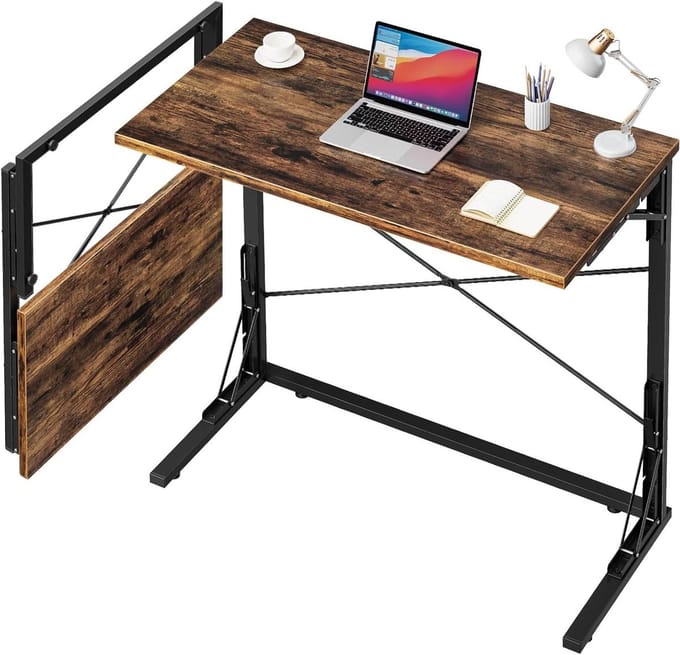 Vantic 31.5 Inch Folding Desk for Small Spaces, Foldable Computer Desk, Small Collapsible, C Shape Study Table, Home Office, Simple Writing Desk for Bedroom, Rustic Brown