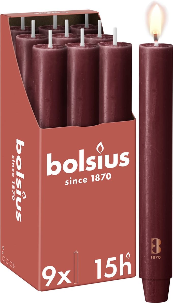 Bolsius - 9 Dinerkaarsen Rustiek Extra Breed - Bordeaux Rood- 23 cm - Diameter 3 cm - 15 Branduren