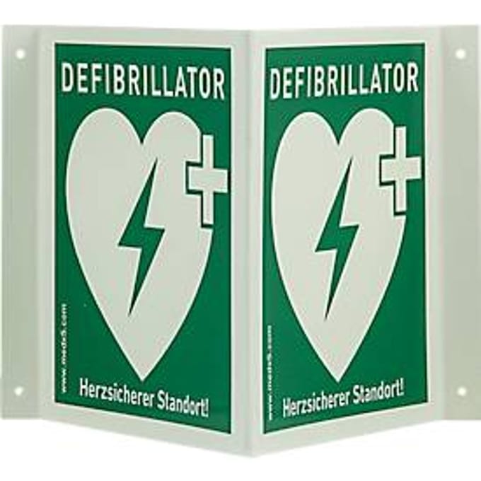 Defibrillator AED hoekbord, B 200 x H 200 mm, fluorescerend