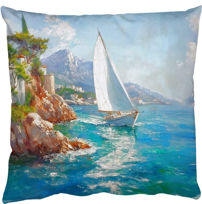 Sierkussens - Kussentjes Woonkamer - 60x60 cm - Zeilboot - Rotsen - Kust - Huizen