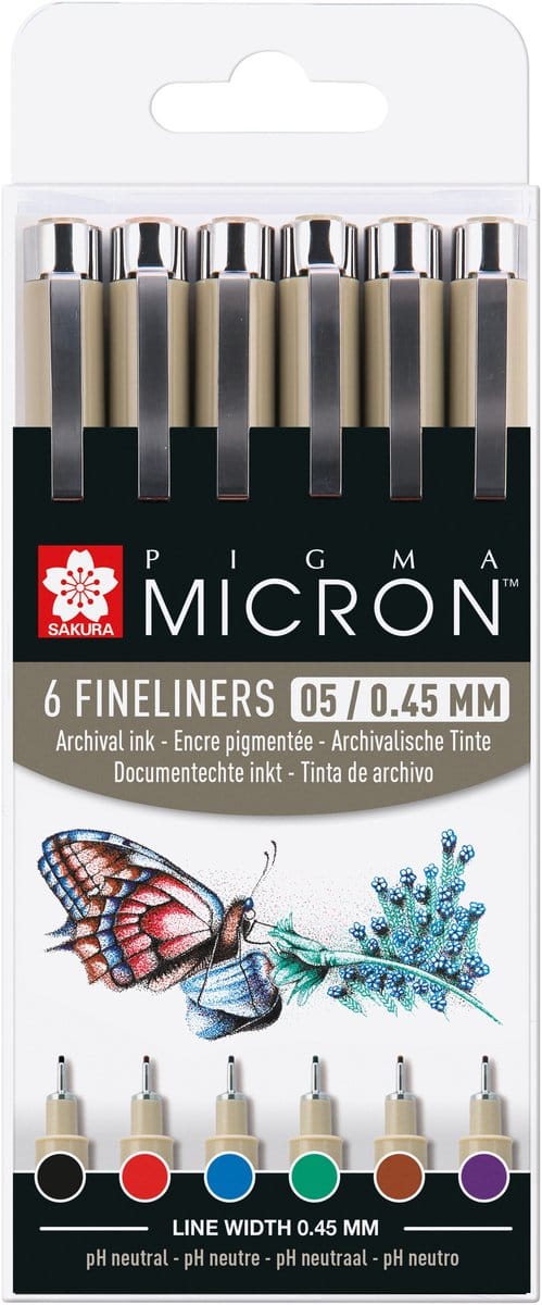 Fineliner sakura pigma micron 05 basic 6 kleuren | 6 stuks