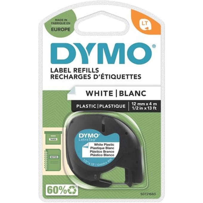 DYMO LT Plastic Labels for LetraTag Label Makers Wit Labels 12mm x 4m Roll Self-Adhesive