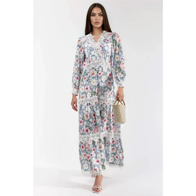 Maxi-jurk met V-hals en bloemenkantdetails