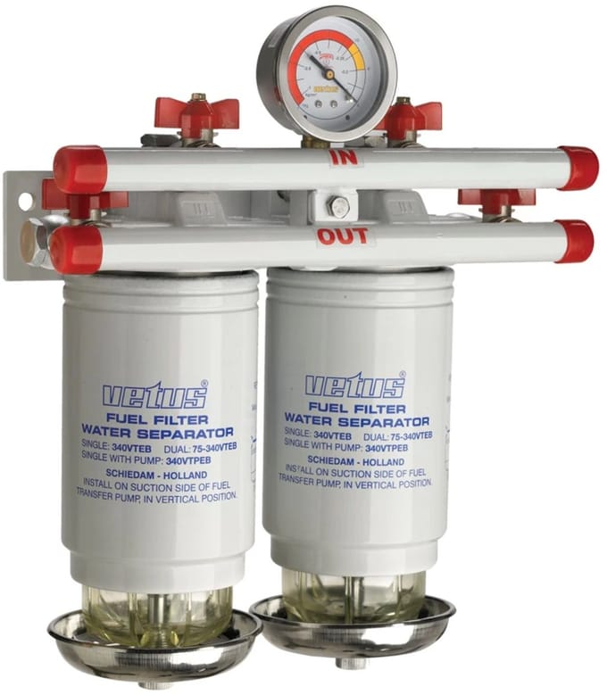 VETUS Dubbele Brandstoffilter/Waterafscheider, 10 Micron, Max. 620 l/u | 75340VTEB