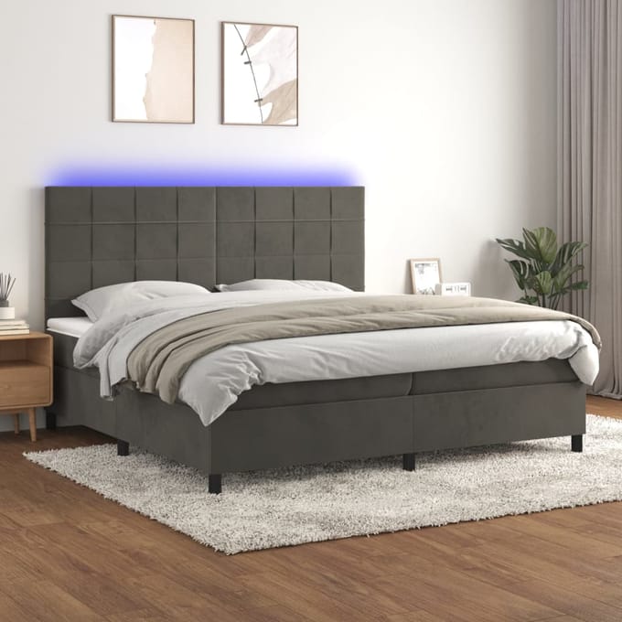 vidaXL - Boxspring - met - matras - en - LED - fluweel - donkergrijs - 200x200 - cm