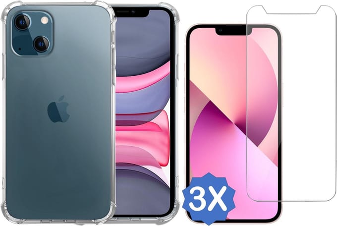 Geschikt voor iPhone 13 Hoesje Anti Shock - 3x Screenprotector Glas - Screen Beschermglas Protector Transparant