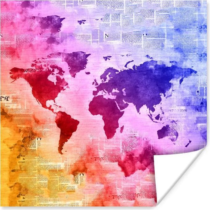 Poster Wereldkaart - Kleuren - Abstract - 100x100 cm XXL