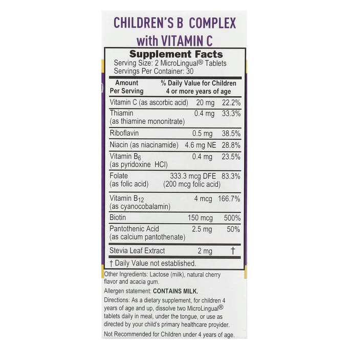 Kindervitamine B-complex, Vitamine C, Direct Oplosbare Microlinguale Tabletten, 60 Tabletten