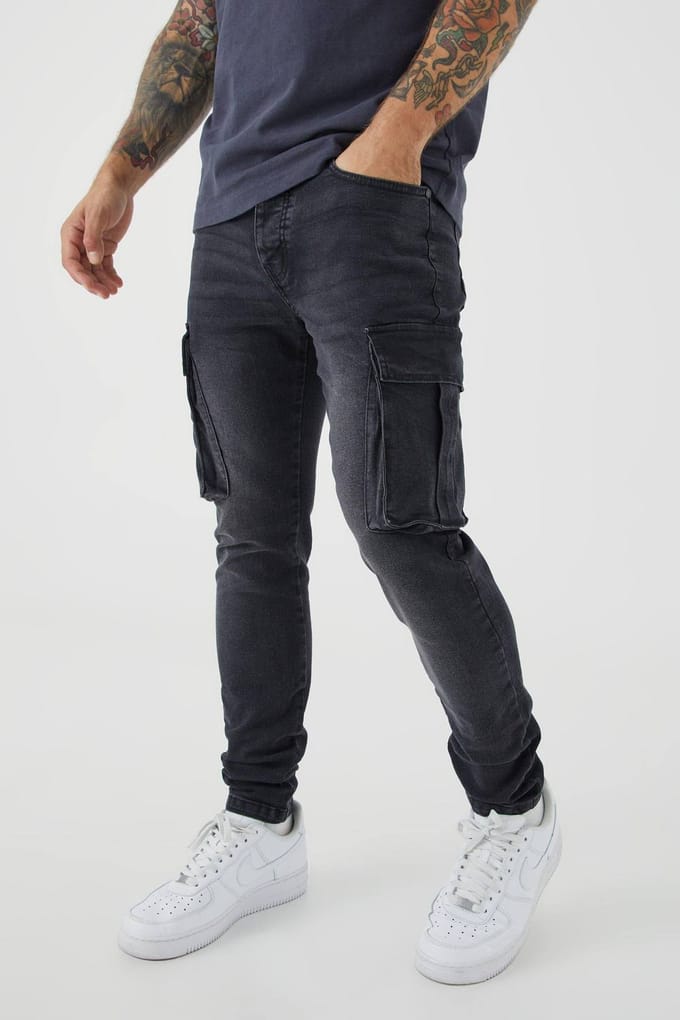 Skinny Stretch Washed Cargo Jeans | Washed Black | Size 32R
