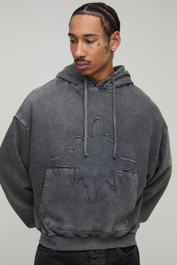 Tall Verkort Boxy Loopback Gewassen Ofclman Applique Hoodie | Charcoal | Size Medium