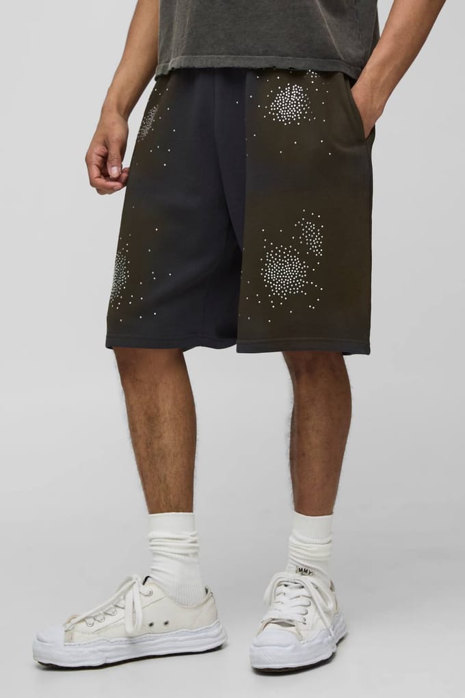 Oversized gewassen jersey shorts met strass | Charcoal | Size XL