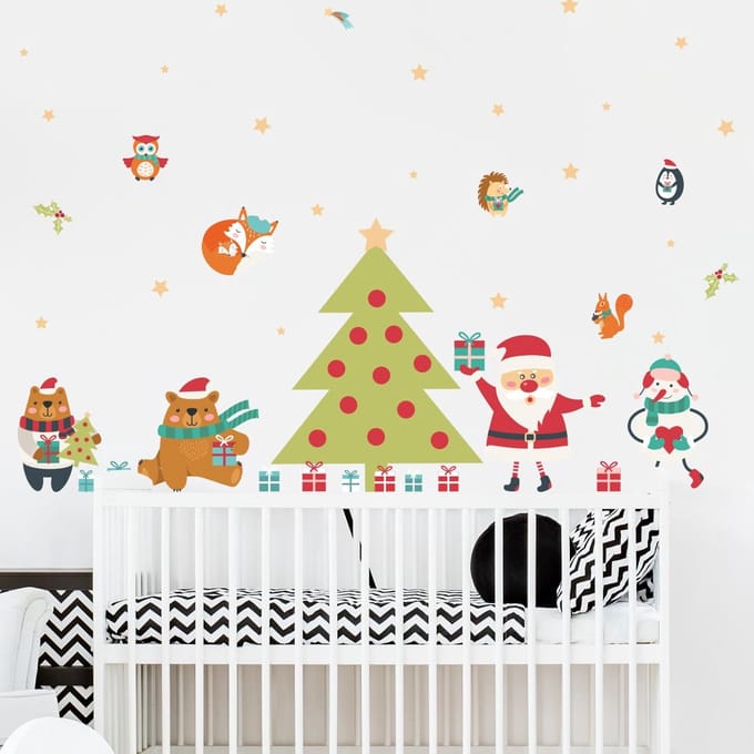 Kerststicker: De Kerstman en de magische kerstboom - Kerststickers - feestdecoraties - 80x120cm