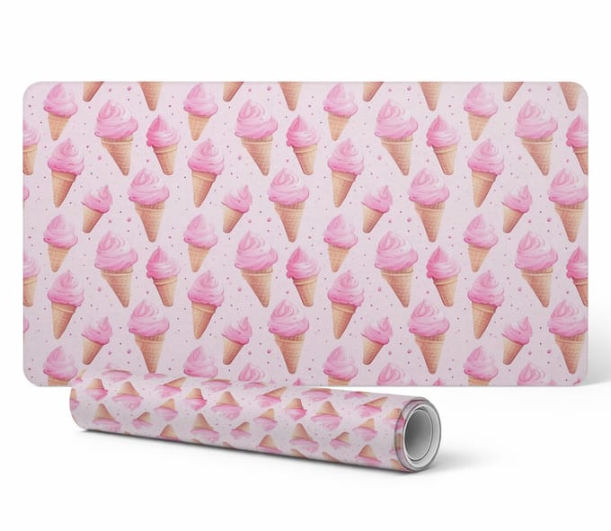 Elegante decoratieve bureauonderlegger met roze ijshoorntjes, 100x50 cm