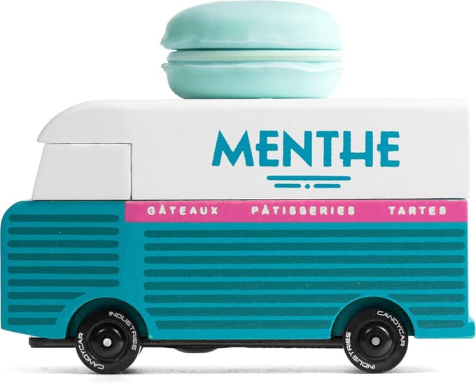 Candylab speelgoedbus Macaron Van blauw houten retro busje.