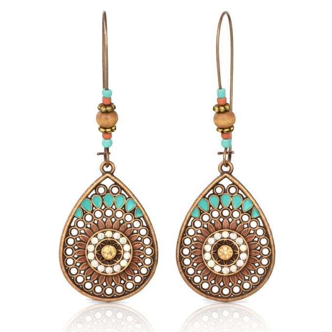 Dames druppel oorbellen Ibiza brons multicolor turquoise stenen