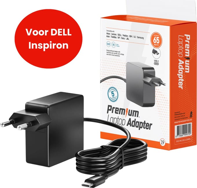 65W USB-C Laptop oplader voor Dell Inspiron – Alle modellen vanaf 2017 – Kabel + Adapter