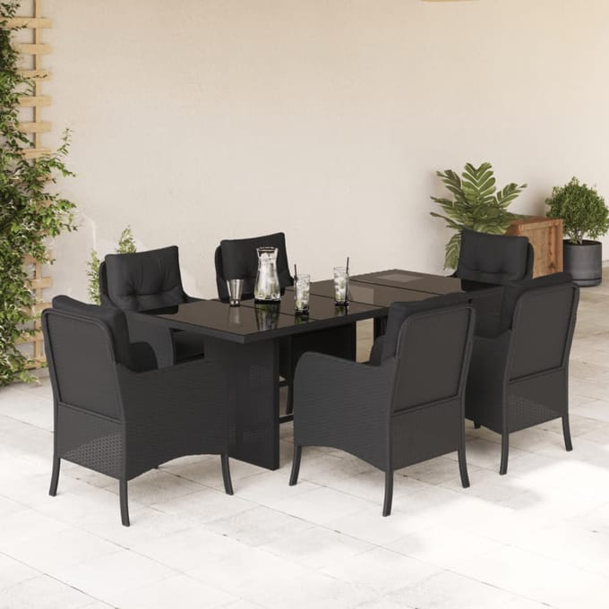 vidaXL - 7-delige - Tuinset - met - kussens - poly - rattan - zwart
