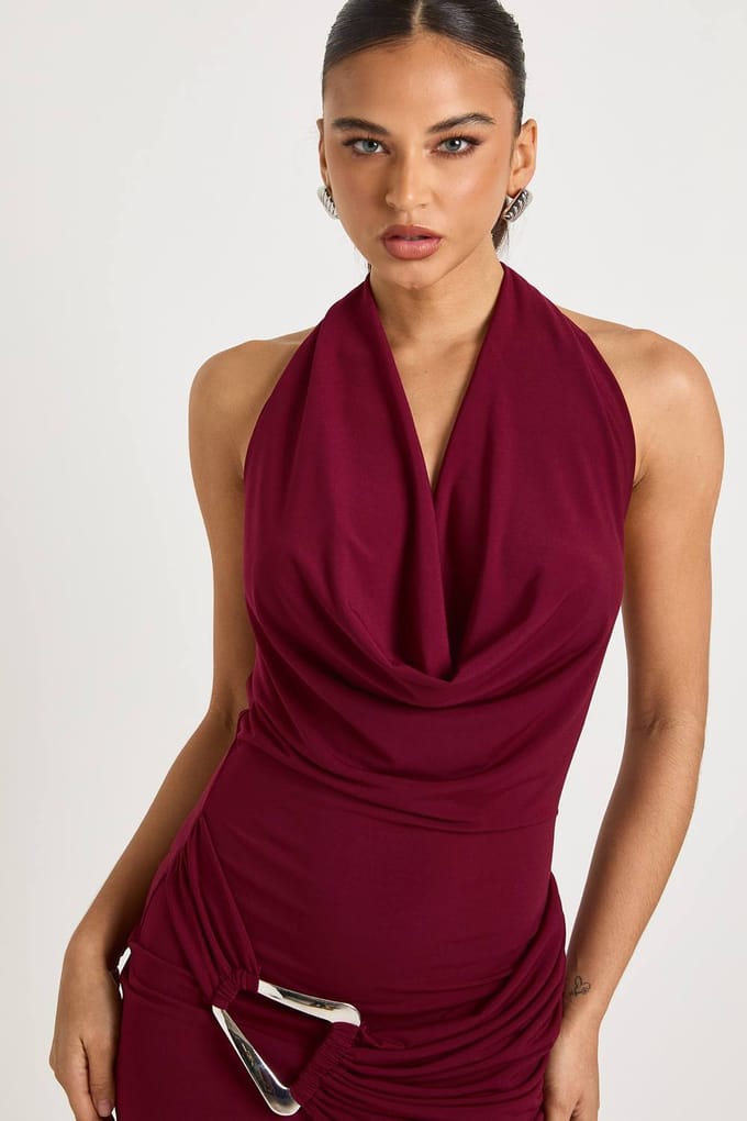 boohoo Dames Grote getailleerde halterneck minijurk | Plum | Maat: 12