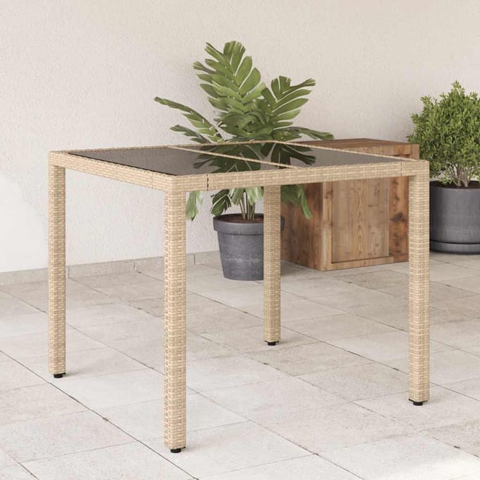vidaXL - Tuintafel - met - glazen - blad - 90x90x75 - cm - poly - rattan - beige