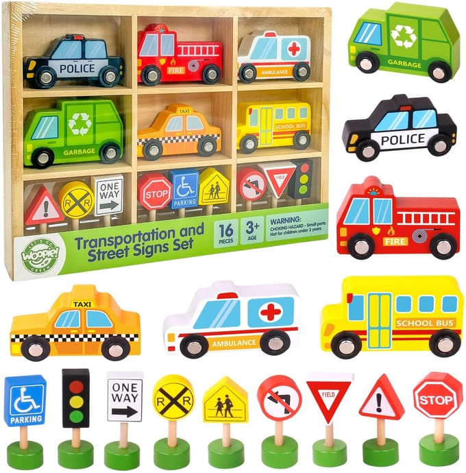 Woopie Groene Set Houten Voertuigen En Verkeersborden 15 St. - UNI