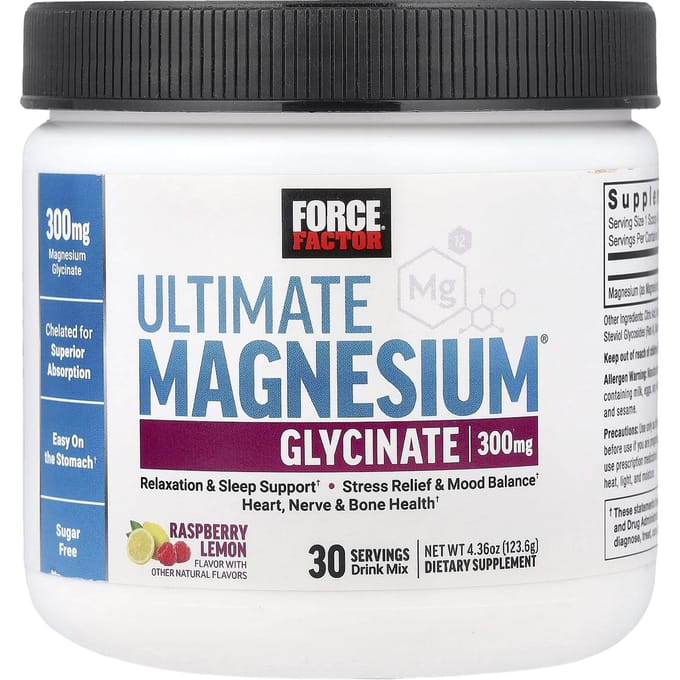 Force Factor, Ultimate Glycine Magnesium Drankmix, Framboos Citroen, 4,36 oz (123,6 g)
