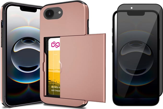 Hoesje met Pasjeshouder geschikt voor iPhone 16e - Privacy Screen Protector FullGuard - Back Cover SlideCase Roségoud & Screenprotector