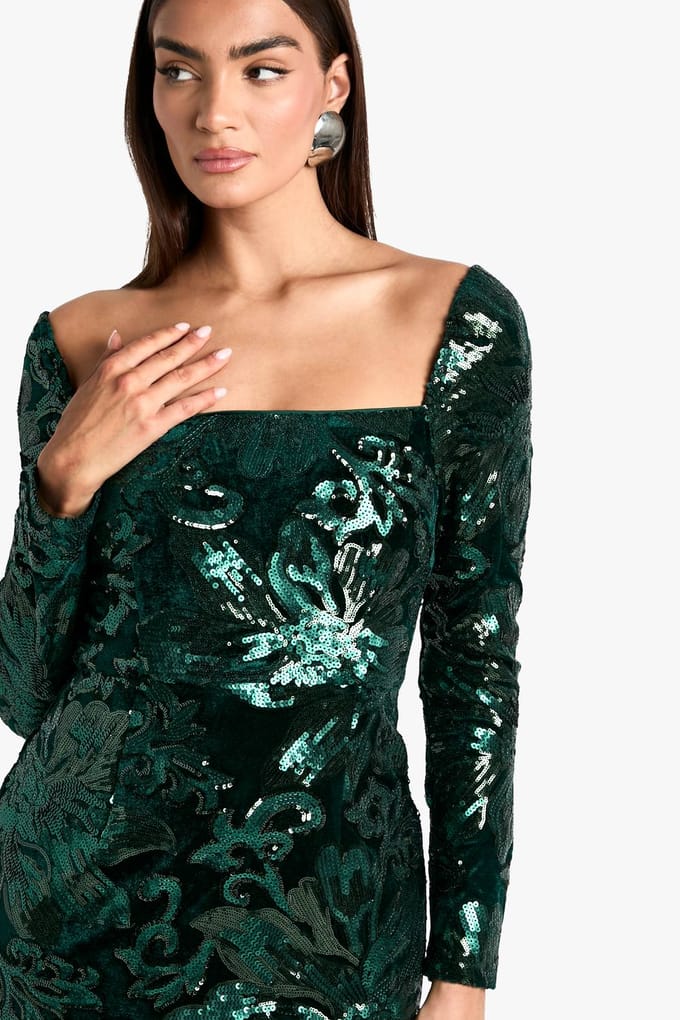 boohoo Dames Square Neck Demask Sequin Maxi Dress | Smaragdgroen | Maat: 36