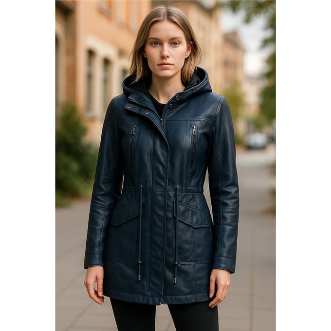 Dames blauwe leren parka met capuchon - Clare