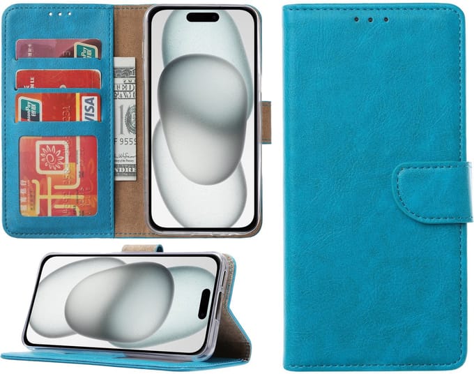 Hoesje geschikt voor iPhone 15 - Bookcase - Pasjeshouder - Kunstleer - Blauw